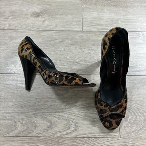 Casadei Animal Print Patent Leather Peeptoe Heels